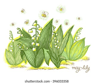 Hand-drawn may-lily and bees. 