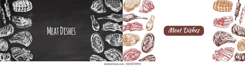 Hand-drawn meat dishes illustration for restaurant menu and food design