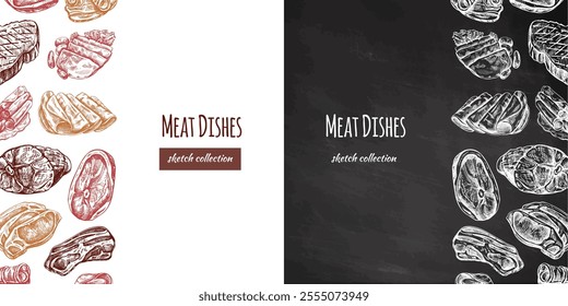 Hand-drawn meat dishes sketch collection for culinary menu design