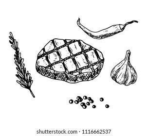 Hand-drawn meat steak. Vector cartoon foods. Isolated objects. Sketches of food. Elements of menu.