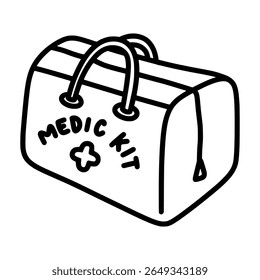 Hand-Drawn Medical Kit Doodle Vector – Emergency First Aid Box Sketch in Black and White
