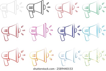 Hand-drawn megaphones, colorful sketch icons, minimalist line art, multiple loudspeakers, various pastel hues, simple announcement symbols, repeating pattern, marketing concept illustration, flat desi