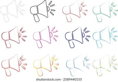 Hand-drawn megaphones, colorful sketch icons, minimalist line art, multiple loudspeakers, various pastel hues, simple announcement symbols, repeating pattern, marketing concept illustration, flat desi