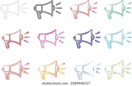 Hand-drawn megaphones, colorful sketch icons, minimalist line art, multiple loudspeakers, various pastel hues, simple announcement symbols, repeating pattern, marketing concept illustration, flat desi