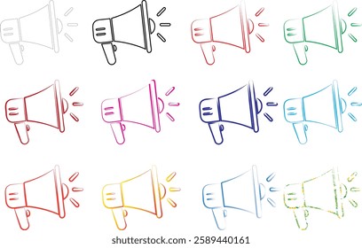 Hand-drawn megaphones, colorful sketch icons, minimalist line art, multiple loudspeakers, various pastel hues, simple announcement symbols, repeating pattern, marketing concept illustration, flat desi