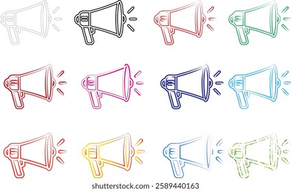 Hand-drawn megaphones, colorful sketch icons, minimalist line art, multiple loudspeakers, various pastel hues, simple announcement symbols, repeating pattern, marketing concept illustration, flat desi