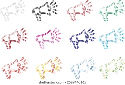 Hand-drawn megaphones, colorful sketch icons, minimalist line art, multiple loudspeakers, various pastel hues, simple announcement symbols, repeating pattern, marketing concept illustration, flat desi