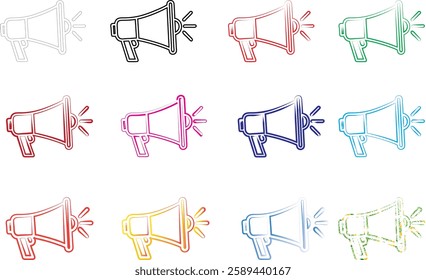 Hand-drawn megaphones, colorful sketch icons, minimalist line art, multiple loudspeakers, various pastel hues, simple announcement symbols, repeating pattern, marketing concept illustration, flat desi