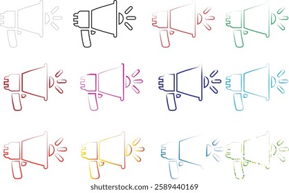 Hand-drawn megaphones, colorful sketch icons, minimalist line art, multiple loudspeakers, various pastel hues, simple announcement symbols, repeating pattern, marketing concept illustration, flat desi