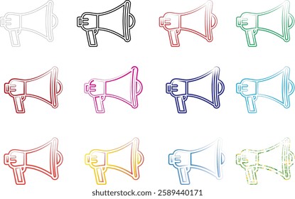 Hand-drawn megaphones, colorful sketch icons, minimalist line art, multiple loudspeakers, various pastel hues, simple announcement symbols, repeating pattern, marketing concept illustration, flat desi