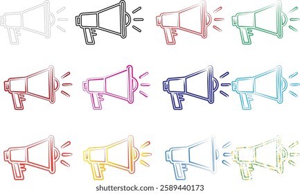 Hand-drawn megaphones, colorful sketch icons, minimalist line art, multiple loudspeakers, various pastel hues, simple announcement symbols, repeating pattern, marketing concept illustration, flat desi