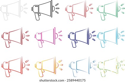 Hand-drawn megaphones, colorful sketch icons, minimalist line art, multiple loudspeakers, various pastel hues, simple announcement symbols, repeating pattern, marketing concept illustration, flat desi