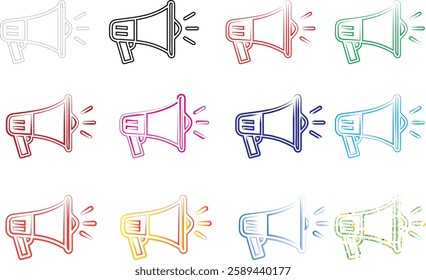 Hand-drawn megaphones, colorful sketch icons, minimalist line art, multiple loudspeakers, various pastel hues, simple announcement symbols, repeating pattern, marketing concept illustration, flat desi