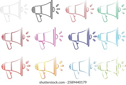 Hand-drawn megaphones, colorful sketch icons, minimalist line art, multiple loudspeakers, various pastel hues, simple announcement symbols, repeating pattern, marketing concept illustration, flat desi