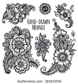 Hand-drawn mehendi flowers vector set