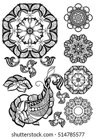 Hand-drawn mehendi ornamental elements and mandala collection. Indian henna tattoo set. Oriental style decorative design templates. EPS 10 vector illustration isolated on white