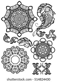 Hand-drawn mehendi ornamental elements and mandala collection. Indian henna tattoo set. Oriental style decorative design templates. EPS 10 vector illustration isolated on white