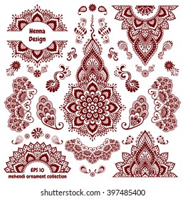 Hand-drawn mehendi ornamental pattern design set. Indian henna tattoo collection for hands. Oriental style decorative templates. Isolated on white. EPS 10 vector illustration.