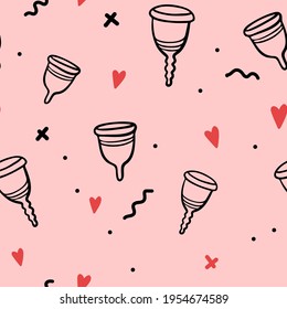 patrón sin fisuras de la taza menstrual dibujada a mano. Ilustración de la línea del vector. Patrón de periodo aislado. Patrón basura cero con tazas, corazones, ropa, cruces. 