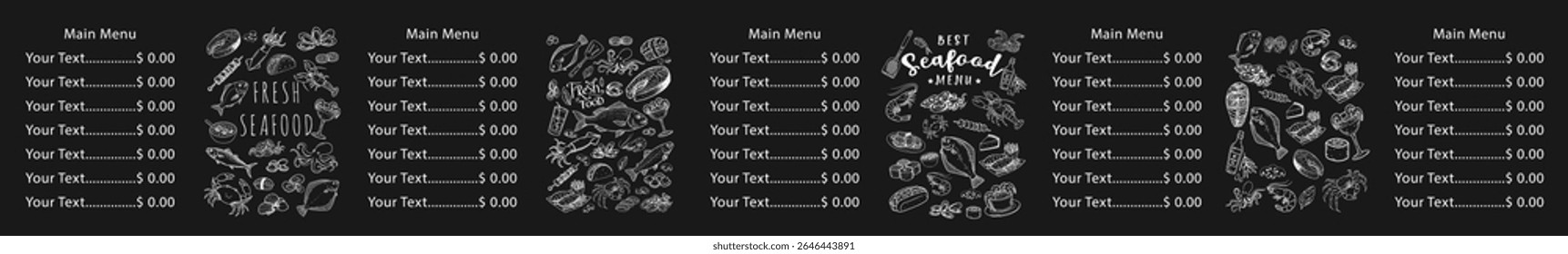 Menu desenhado à mão para restaurante de frutos do mar e menus de café, apoiado por camarão, ostras, caranguejo e limão.