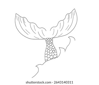 Ilustração de cauda de sereia desenhada à mão com linhas de onda e elementos de fantasia. Contorno preto estilo tatuagem para projetos de vetor inspirados no mar, femininos ou mitológicos.