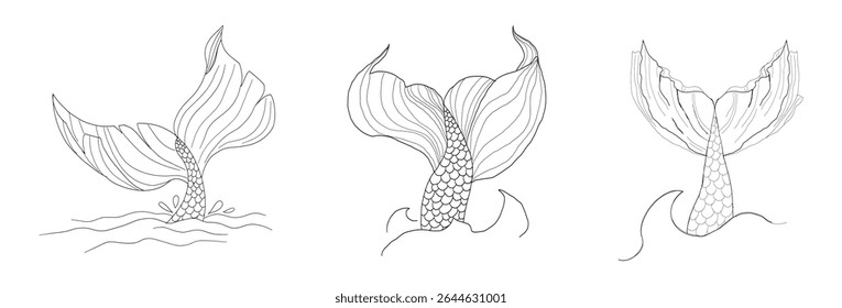 Ilustração de cauda de sereia desenhada à mão com linhas de onda e elementos de fantasia definidos. Contorno preto estilo tatuagem para projetos de vetor inspirados no mar, femininos ou mitológicos.