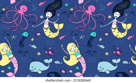 Hand-drawn mermaids and their under-the-sea friends in a repeating vector pattern. Bright colors perfect for summer.