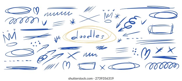 Hand-drawn messy pen abstract doodles. Scribbles, crown, hearts, naive expressive scratches. Text highlight lines, rectangles, circles, spontaneously underlines, scrawl. Vector pencil scratches no bg.