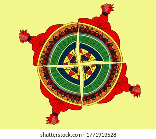 Hand-drawn Mexican bright traditional ornament of rhombuses and squares on a light green background. Vector background in mexican culture style for textile and packaging design.