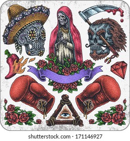 Hand-drawn Mexican Tattoo Set.