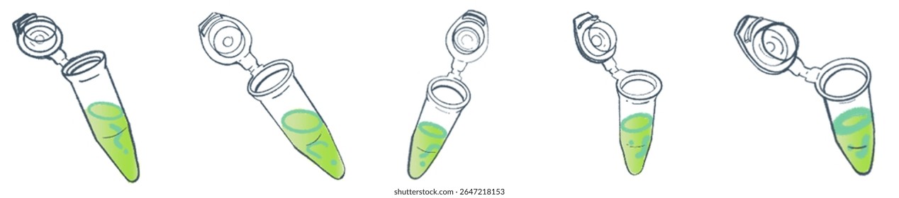 Hand-Drawn Microcentrifuge Tube Collection – Cute Science Lab Illustration Set with Green Liquid for Medical Research, Biotechnology Projects, Academic Presentations, and Laboratory-Themed Branding 