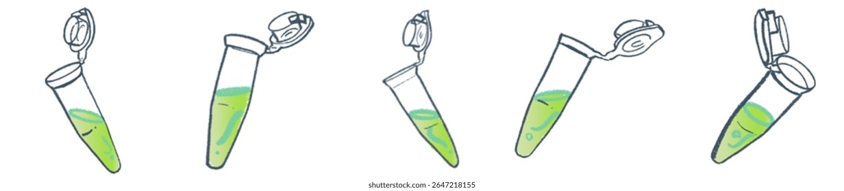 Hand-Drawn Microcentrifuge Tube Collection – Cute Science Lab Illustration Set with Green Liquid for Medical Research, Biotechnology Projects, Academic Presentations, and Laboratory-Themed Branding 