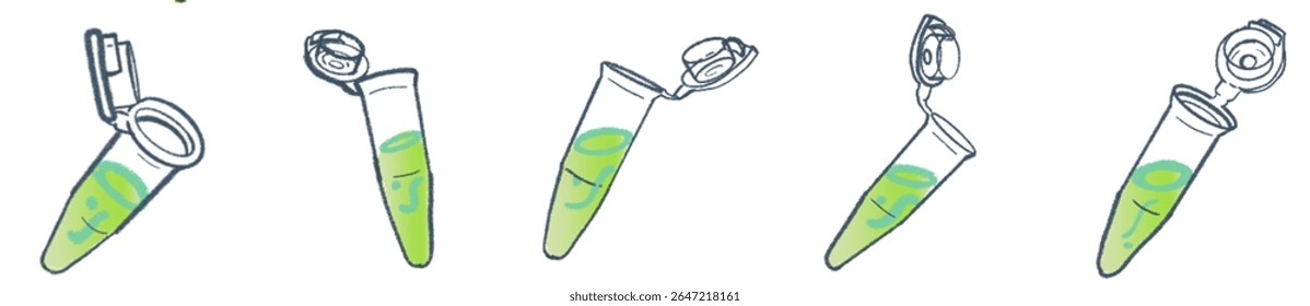 Hand-Drawn Microcentrifuge Tube Collection – Cute Science Lab Illustration Set with Green Liquid for Medical Research, Biotechnology Projects, Academic Presentations, and Laboratory-Themed Branding 