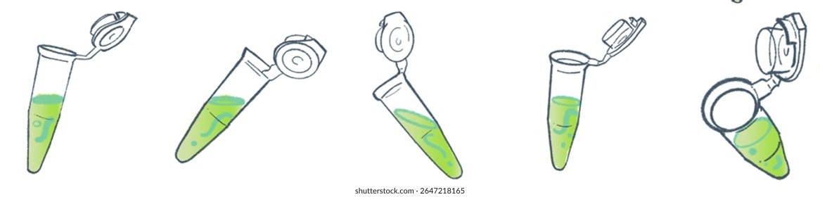 Hand-Drawn Microcentrifuge Tube Collection – Cute Science Lab Illustration Set with Green Liquid for Medical Research, Biotechnology Projects, Academic Presentations, and Laboratory-Themed Branding 