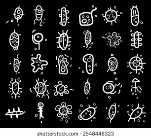 Hand-Drawn Microorganisms , Bacteria, Viruses, Vector Illustration Collection in Dark Background