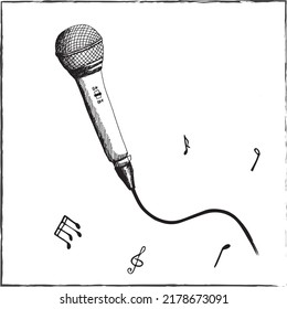 Handgezeichnetes Mikrofon mit Kabelanschluss. Bleistift-Grafik. Vektorgrafik. Bearbeitbar.  