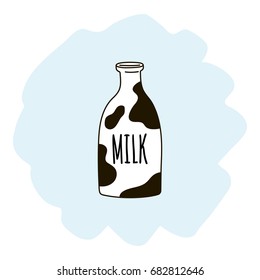 Hand-drawn milk bottle with spots like a cow. Vector illustration.