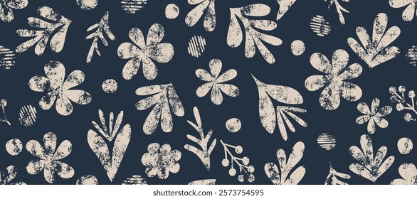 Hand-drawn minimal abstract flowers. Seamless patterns with organic shapes. Blue and white color for fabric, textiles, clothing, wallpaper, covers, banners, home decor, and floral backgrounds.