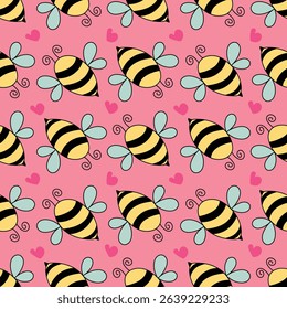 Hand-drawn minimal bee on a pink background. Seamless pattern is animal for clothing, fabric, wallpaper, backdrop, home decoration, cover book, and wall art. 