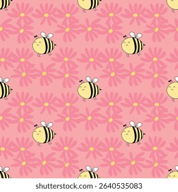 Hand-drawn minimal bee on a pink flower background. Seamless pattern is animal for clothing, fabric, wallpaper, backdrop, home decoration, cover book, and wall art. 