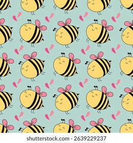Hand-drawn minimal chubby bee on light green background. Seamless pattern is animal for clothing, fabric, wallpaper, backdrop, home decoration, cover book, and wall art. 