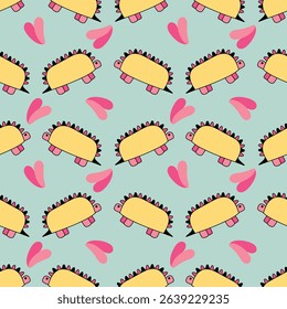 Hand-drawn minimal dinosaur on a light green background. Seamless pattern is animal for clothing, fabric, wallpaper, backdrop, home decoration, cover book, and wall art. 