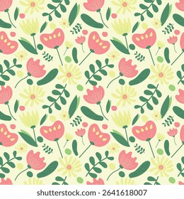 Hand-drawn minimal flowers on light yellow background. Seamless pattern is floral for clothing, fabric, wallpaper, backdrop, home decoration, cover book, and wall art. Vintage style. 