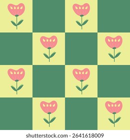 Hand-drawn minimal pink flowers on a yellow and green square background. Seamless pattern floral for clothing, fabric, wallpaper, backdrop, home decoration, cover book, and wall art. Vintage style. 