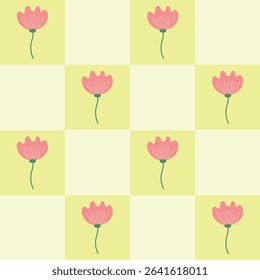 Hand-drawn minimal pink flowers on a yellow square background. Seamless pattern is floral for clothing, fabric, wallpaper, backdrop, home decoration, cover book, and wall art. Vintage style. 