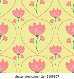 Hand-drawn minimal pink flowers on a yellow background. Seamless pattern is floral for clothing, fabric, wallpaper, backdrop, home decoration, cover book, and wall art. Vintage style. 