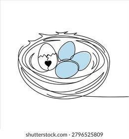 Hand-drawn minimalist bird nest with three blue eggs, one cracked with a heart, spring illustration