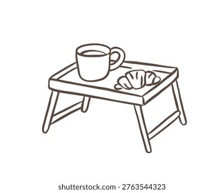 Hand-drawn minimalist doodle of a cozy breakfast tray with a cup of coffee and a fresh croissant. Simple black ink sketch ideal for slow morning concepts, hotel service themes, or cafe branding.