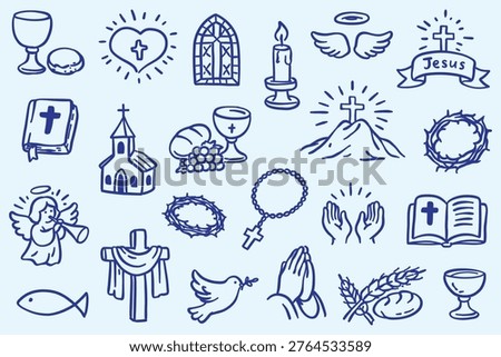 Hand-drawn minimalist doodle set of Christian religious symbols. Simple blue line icons: church, cross, bible, angel, dove, and rosary. Perfect for spiritual, Easter, and church-related designs.