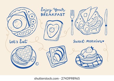 Hand-drawn minimalist illustration set with different types of breakfast. Vector clip art of fried eggs, pancakes, waffles with toppings for cafe advertising, menus, web banner, or print. 